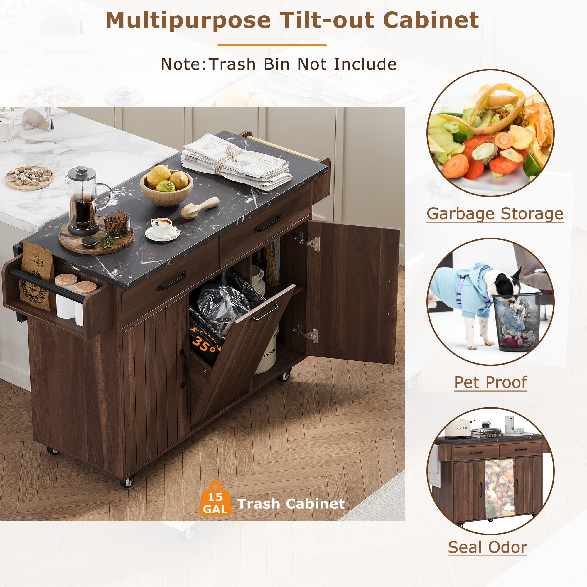 EUROCO 500LBS Rolling Kitchen Island with 15 Gallon Storage Trash Can,Kitchen Cart Island with Drop Leaf,Tilt Out Kitchen Trash Cabinet with Spice Rack, Adjustable Shelf and Drawers,Brown