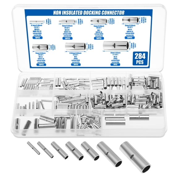 284PCS Non Insulated Butt Connectors Kit 26-6 Gauge Tinned Red Copper Uninsulated Butt Connector for Electrical Appliances Cars Boats