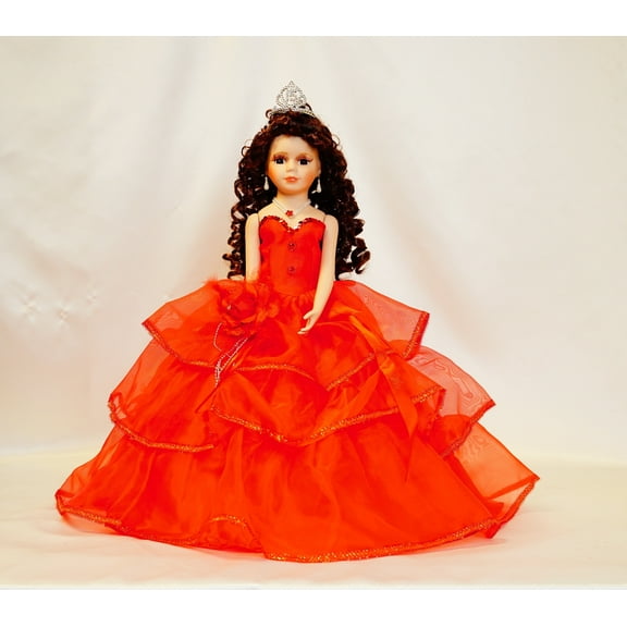 Porcelain Sleeveless Quinceañera Umbrella Doll in Red Gown, Centerpiece & Decoration