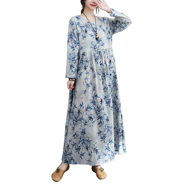 Vestido suelto de mujer Vintage estampado manga larga cuello redondo cintura alta Casual vestid Abanopi Vestido