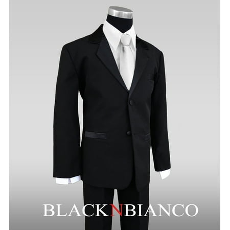 

Boys Formal Tuxedo Suit in Black with a Light Silver Neck Tie