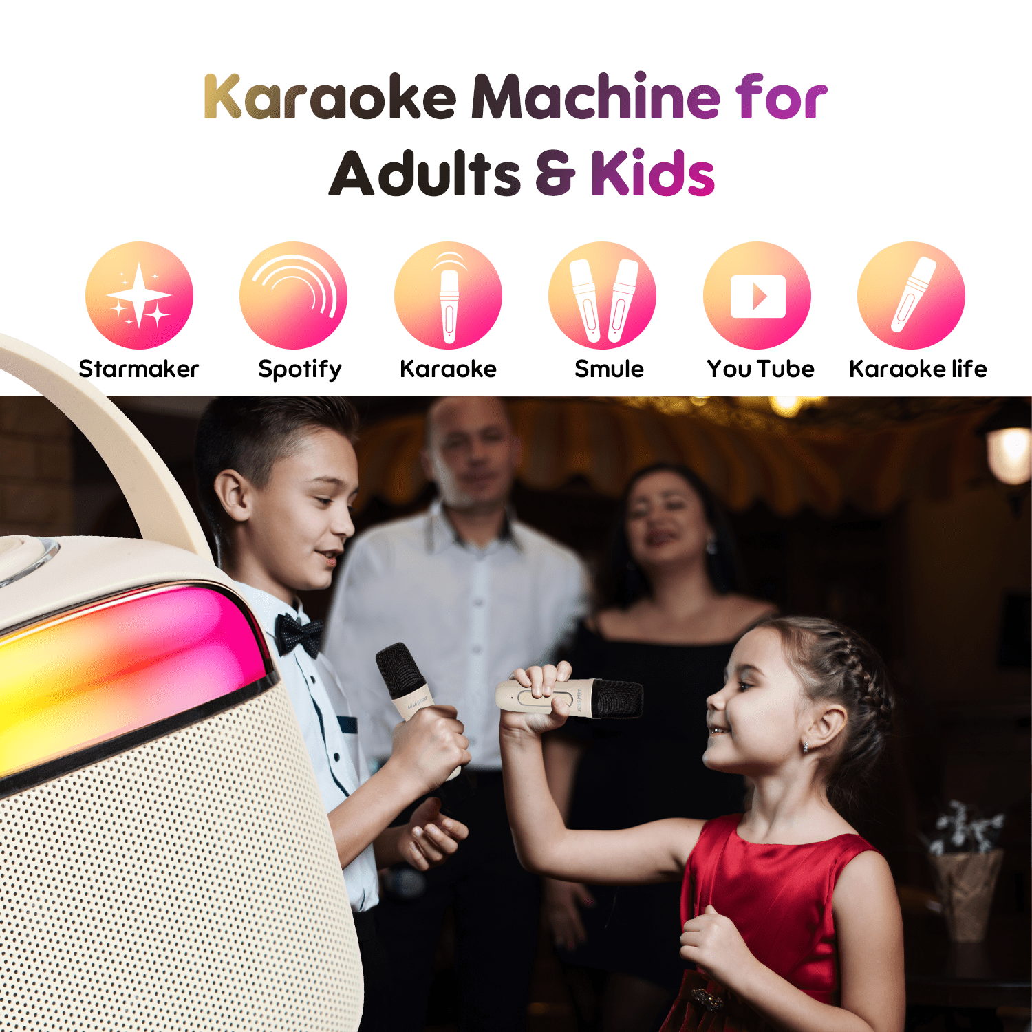 VIVISTAR Karaoke Machine for Kids Portable Bluetooth Speaker with 2 Wireless Microphones Mini Karaoke Speaker with LED Lights Birthday Gifts for Adults Girls Boys Family Home Party Outdoor (Black)