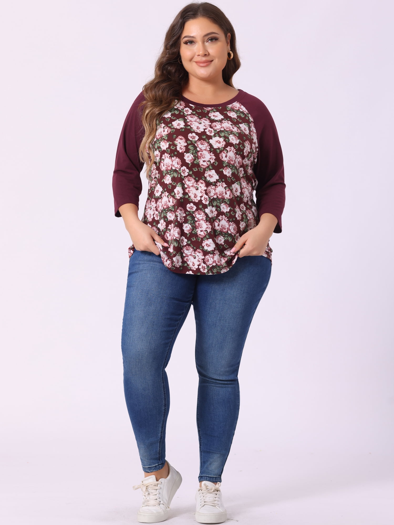 DARING DIVA Women's Plus Size Raglan Crewneck 3/4 Sleeve Floral Tunic Tee 2X Burgundy