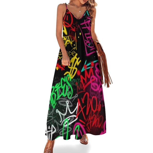 Vestido de grafiti abstracto en blanco y negro, ropa de calle, vestidos largos casuales, vestido maxi de playa de verano, diseño, vestido, idea de regalo