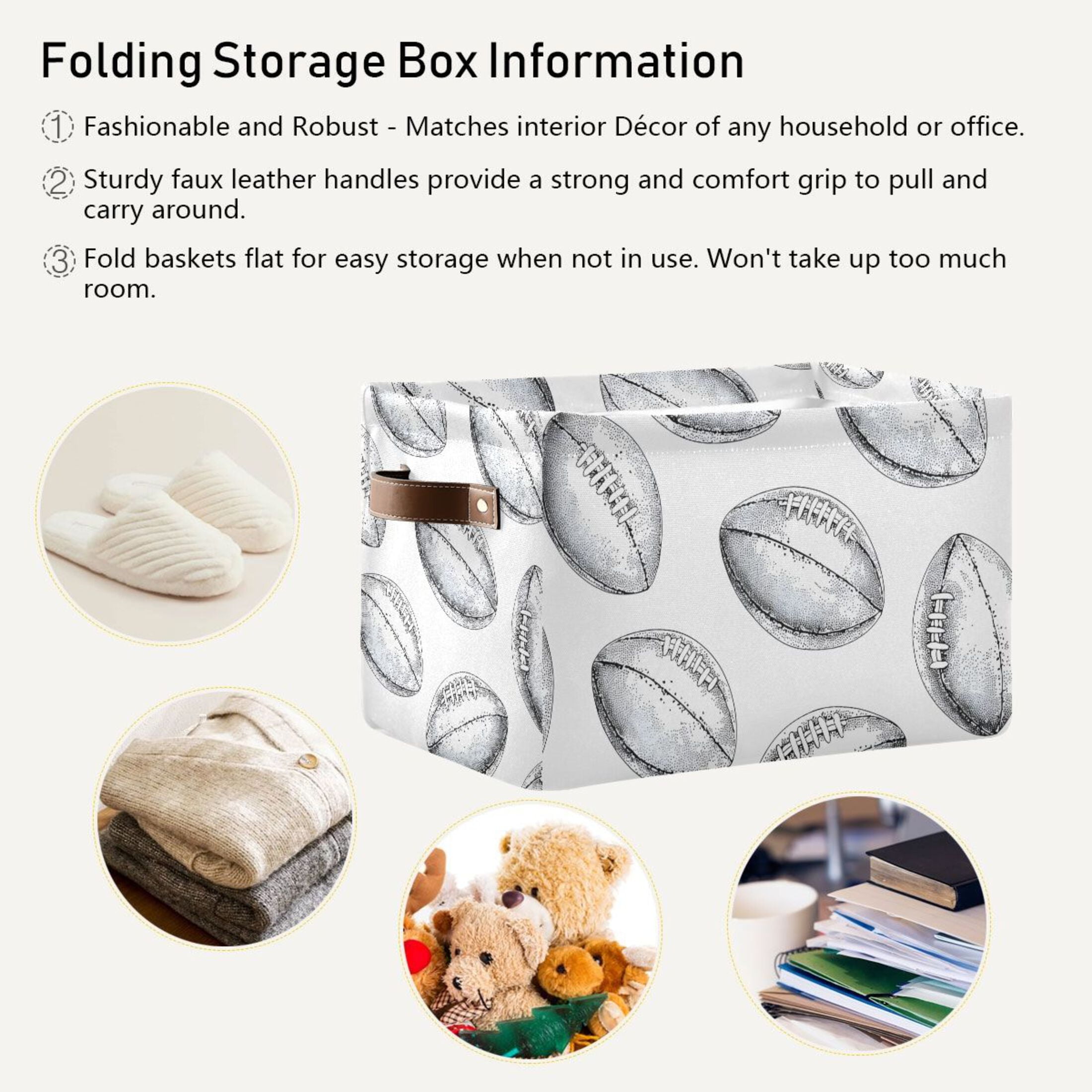 Ryvnso Retro Rugby Football Storage Basket Large Bin Foldable Boxes Toys Organizer 14.2x10.2x8.3in 2 PCs