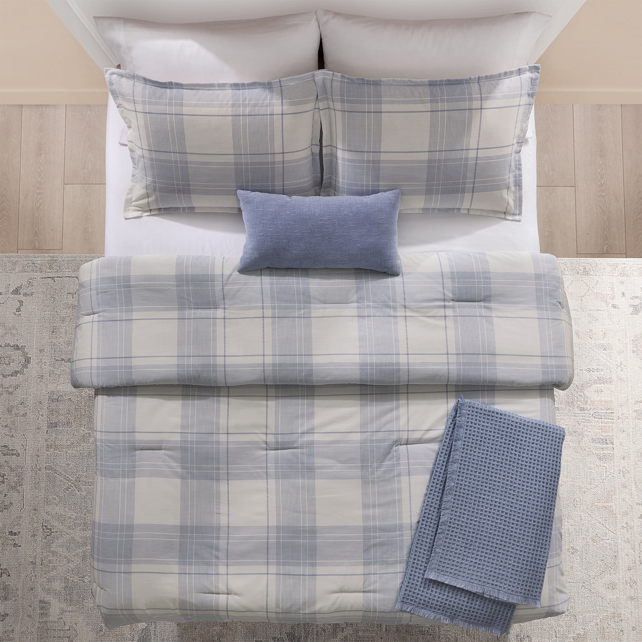 Mainstays Plaid 5-Piece Blue Comforter Set, King