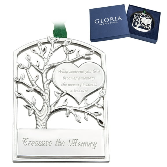 Modern Memorial Tree with Heart "Treasure the Memory" Remembrance Sterling Silver Metal Ornament