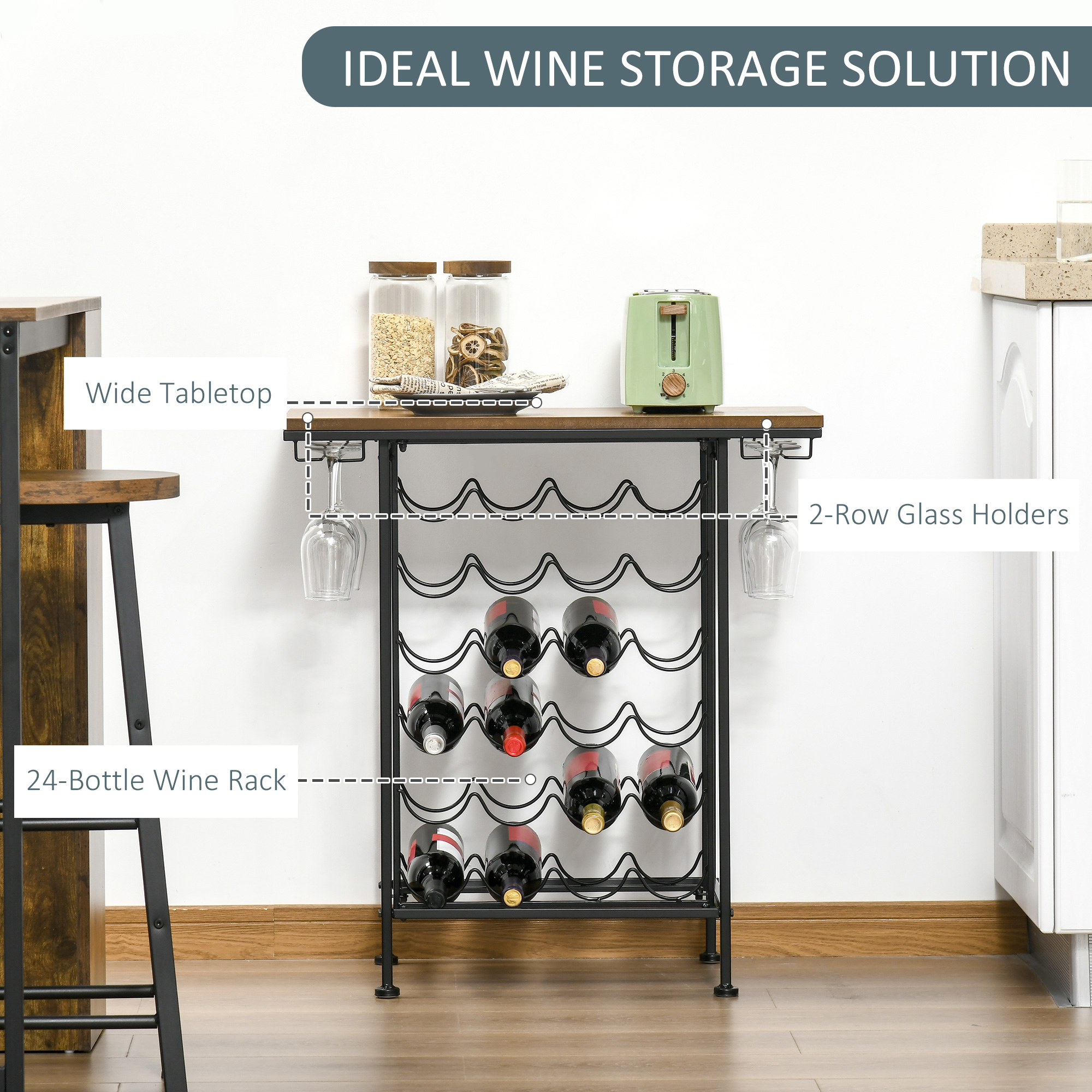 HOMCOM 28" Industrial Style 6-Tier 24 Bottle Wine Rack w/ MDF Tabletop, Natural - image 2 of 9