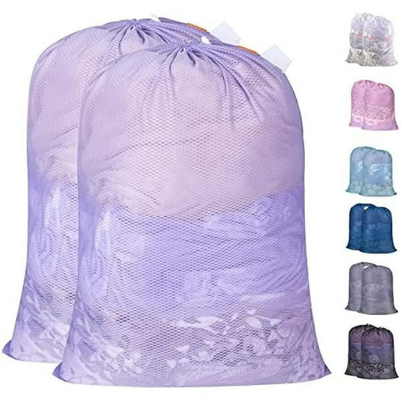 Heavy Duty Large Mesh Laundry Bags with ID Tag and Locking Drawstring Closure - 2 Pack, 24 x 36 inches - Laundry Hamper Liner, Washable Laundry Bag for Travel, Sports, Dorms (Purple)