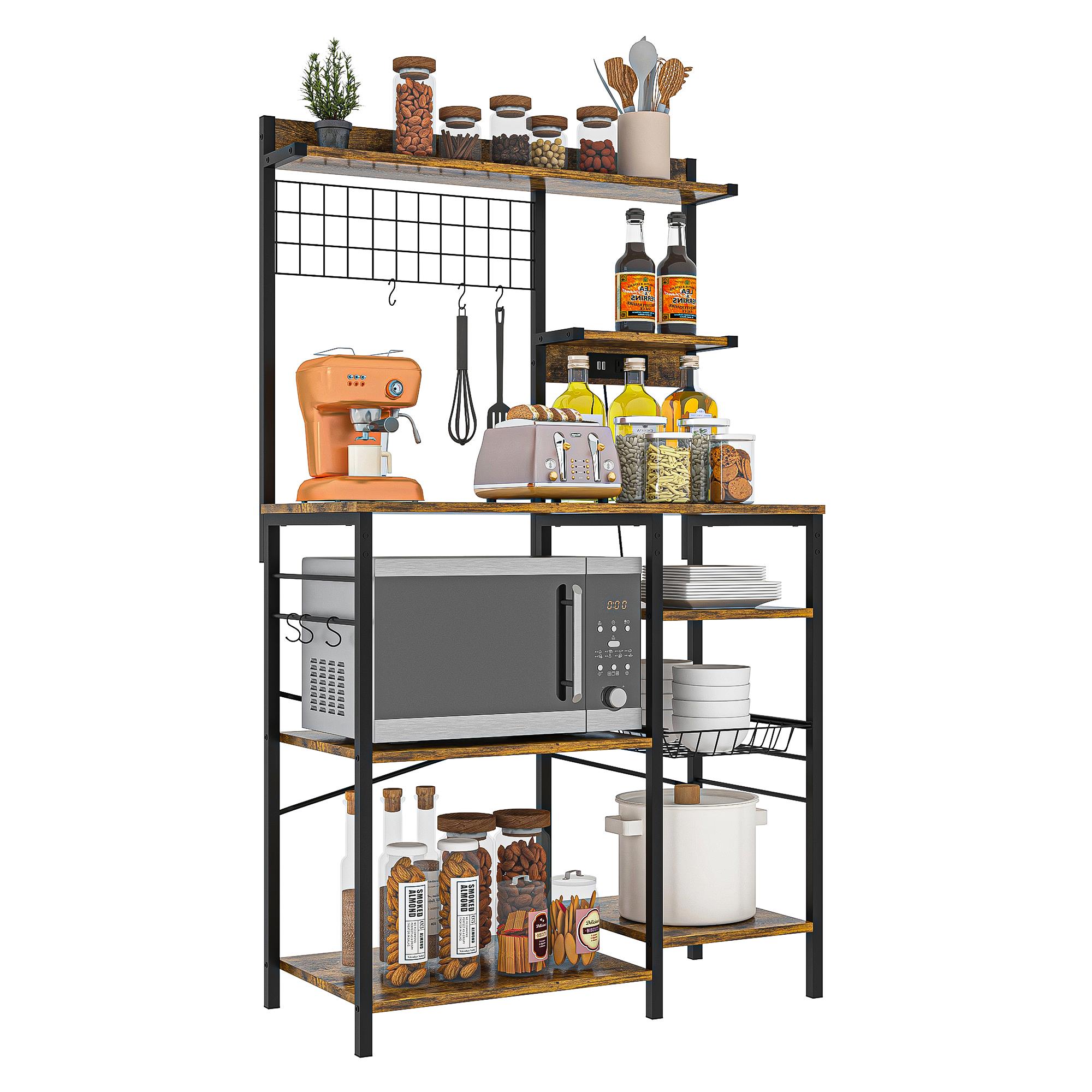 Finihen Large Bakers Rack with Power Outlets, 6-Tier Microwave Stand, Coffee Bar with 8 S-Shaped Hooks, Kitchen Shelf with Wire Basket, Brown Finihen Large Bakers Rack with Power Outlets, 6-Tier Microwave Stand, Coffee Bar with 8 S-Shaped Hooks, Kitchen Shelf with Wire Basket, Brown