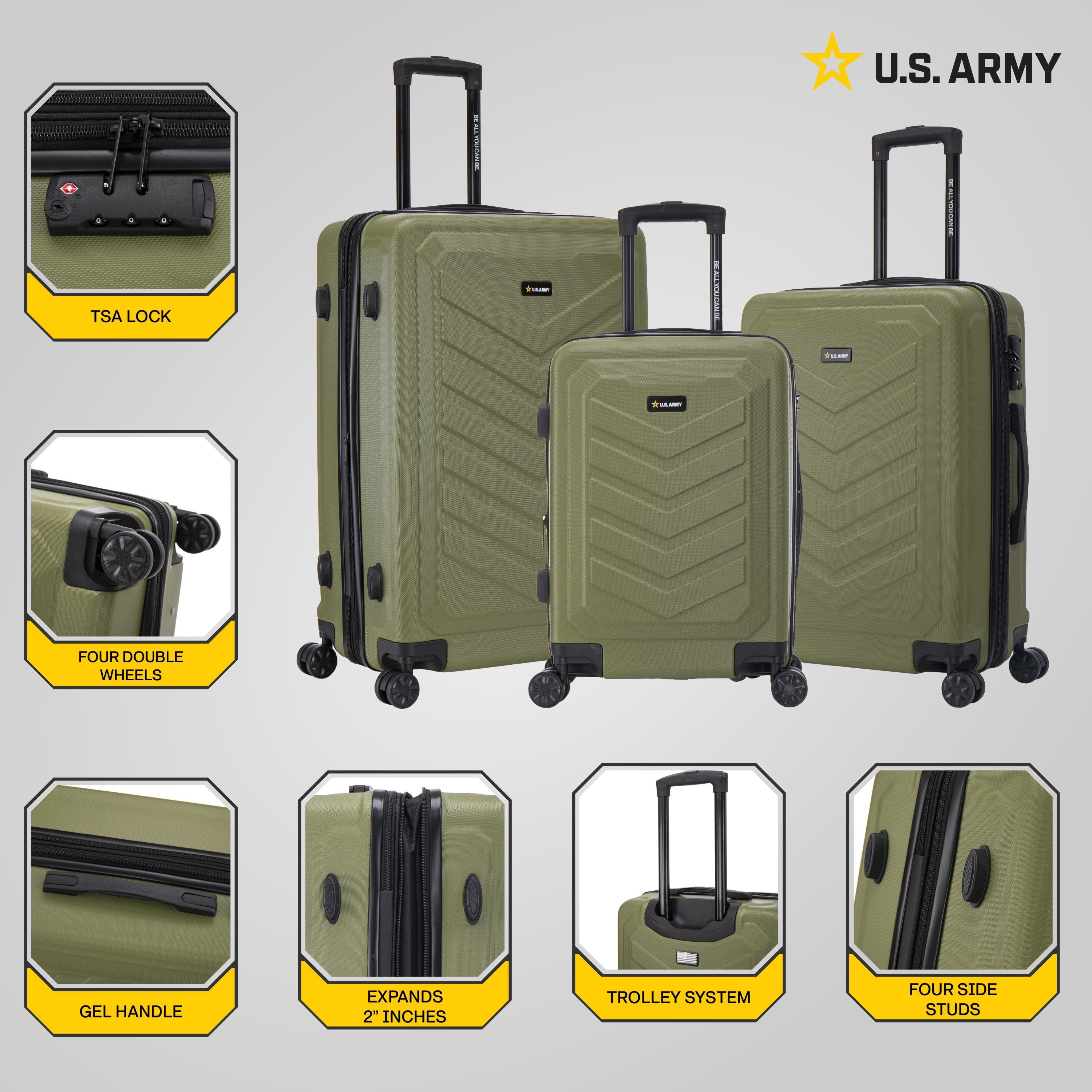 US ARMY FOX PRO 3-piece Luggage Set 20"/24"/28" Expandable Suitcases with TSA Lock Olive Drab