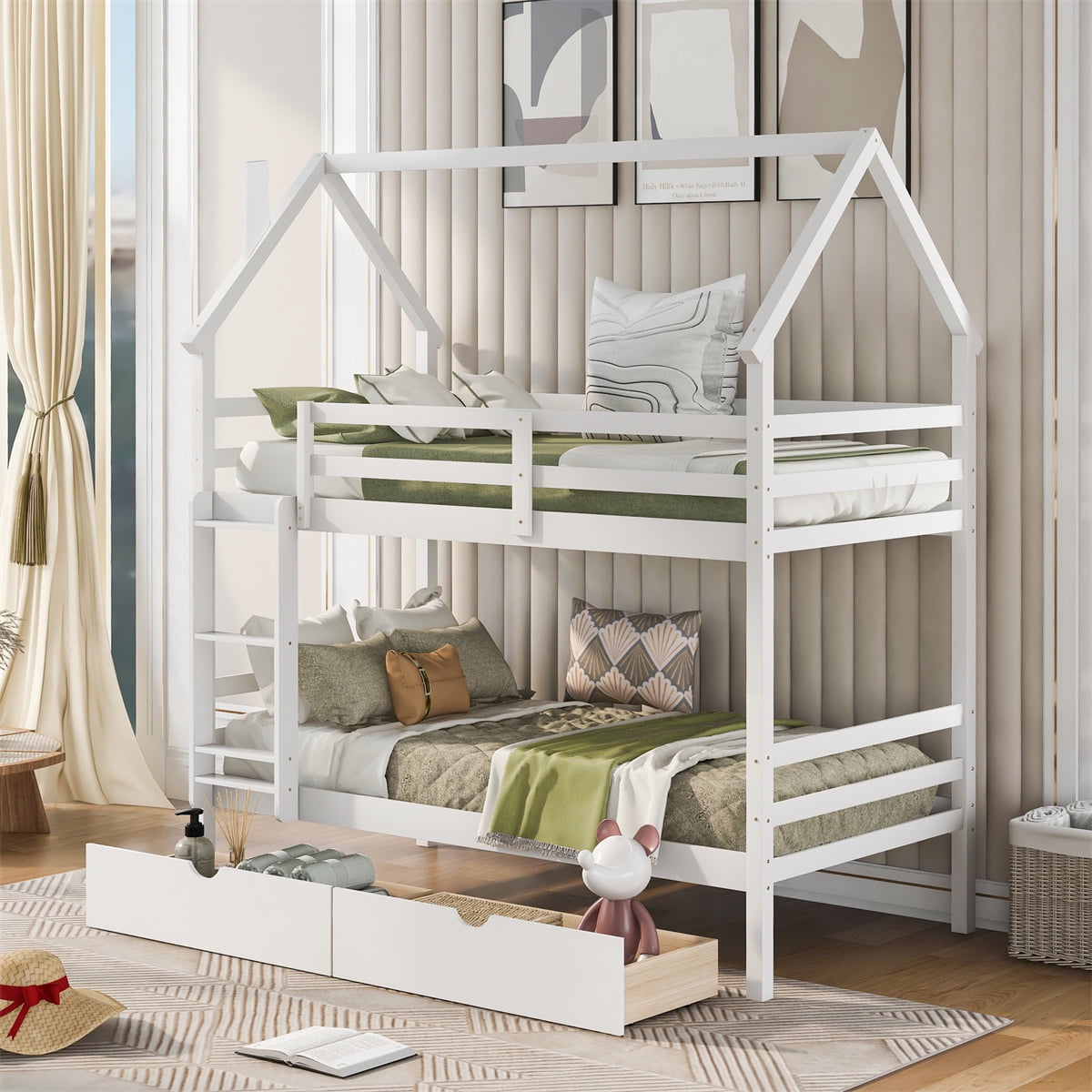 ARCTICSCORPION Twin Over Twin House Bunk Bed with Two Drawers,Wood