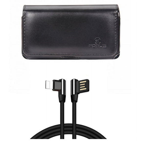 6ft Angle USB Cable w Leather Case Belt Clip for iPhone XS Max - Charger Cord Power Wire Sync 90 Degree and Swivel Holster Loops Cover Pouch