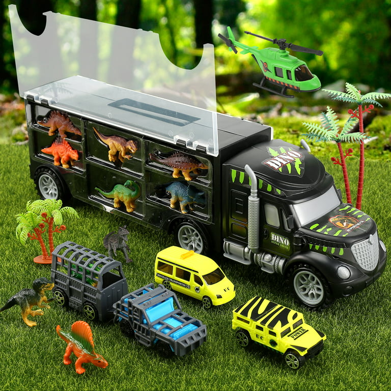 JoyStone 34 in 1 Dinosaurs Truck, Dino Transport Car Carrier Truck Toy with  12 Mini Dinosaur Figures and 4 Cars, Dino Park Toy Birthday Gift for 3+