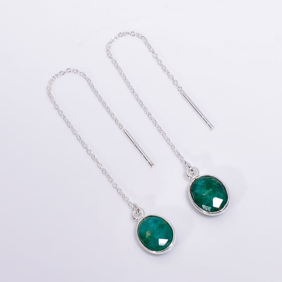 SATYAVIE JEWELLERY 925 Sterling Silver Earrings Oval Cut Emerald Gemstone Threader Drop Earrings for Women