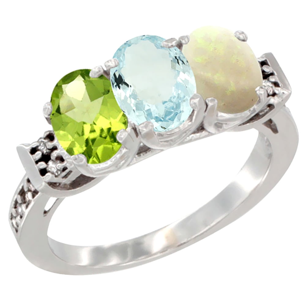 14K White Gold Natural Peridot, Aquamarine & Opal Ring 3-Stone 7x5 mm Oval Diamond Accent, sizes 5 10 by WorldJewels