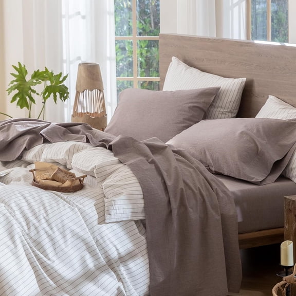 Bedding Sheet Set 100% Washed Cotton Linen Like Textured Breathable Durable Soft Comfy (Heathered Mauve Brown, Queen)