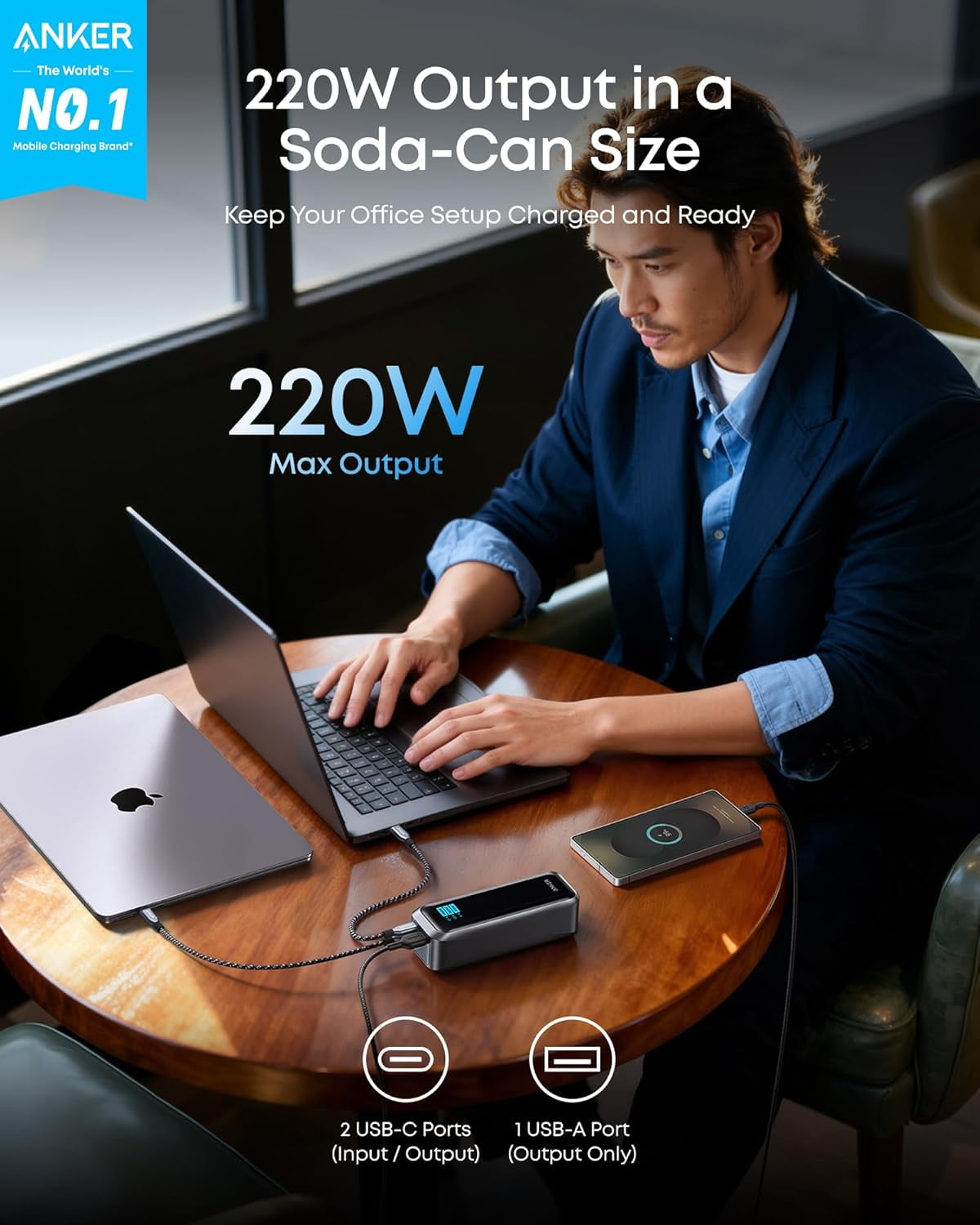 Anker Prime Power Bank, 20,100mAh 3-Port Portable Charger with 220W Max Output, Two-Way Charging, TSA-Approved, App Control, Compatible for MacBook, iPhone 17/16 Series, and More (Base Not Included)