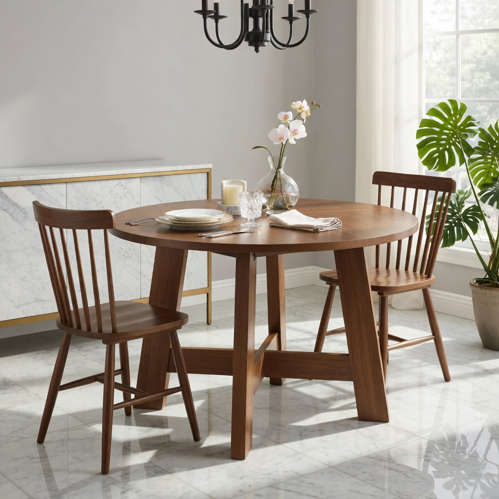 Hommoo 47 Inch Round Dining Table for 4-6 People, Modern Kitchen Table with Reinforced Cross Brace Base, Sturdy MDF Construction, Walnut