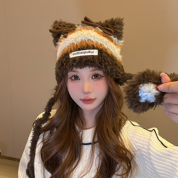 Jsaierl Fuzzy Cute Cat Ear Beanie Hat for Women, Thicken Plush Warm Sherpa Hat, Winter Faux Fur Knitted Earmuffs Caps