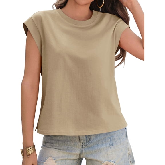 Summer Solid Color Women Cap Sleeve Crew Neck Casual Shirt Tops