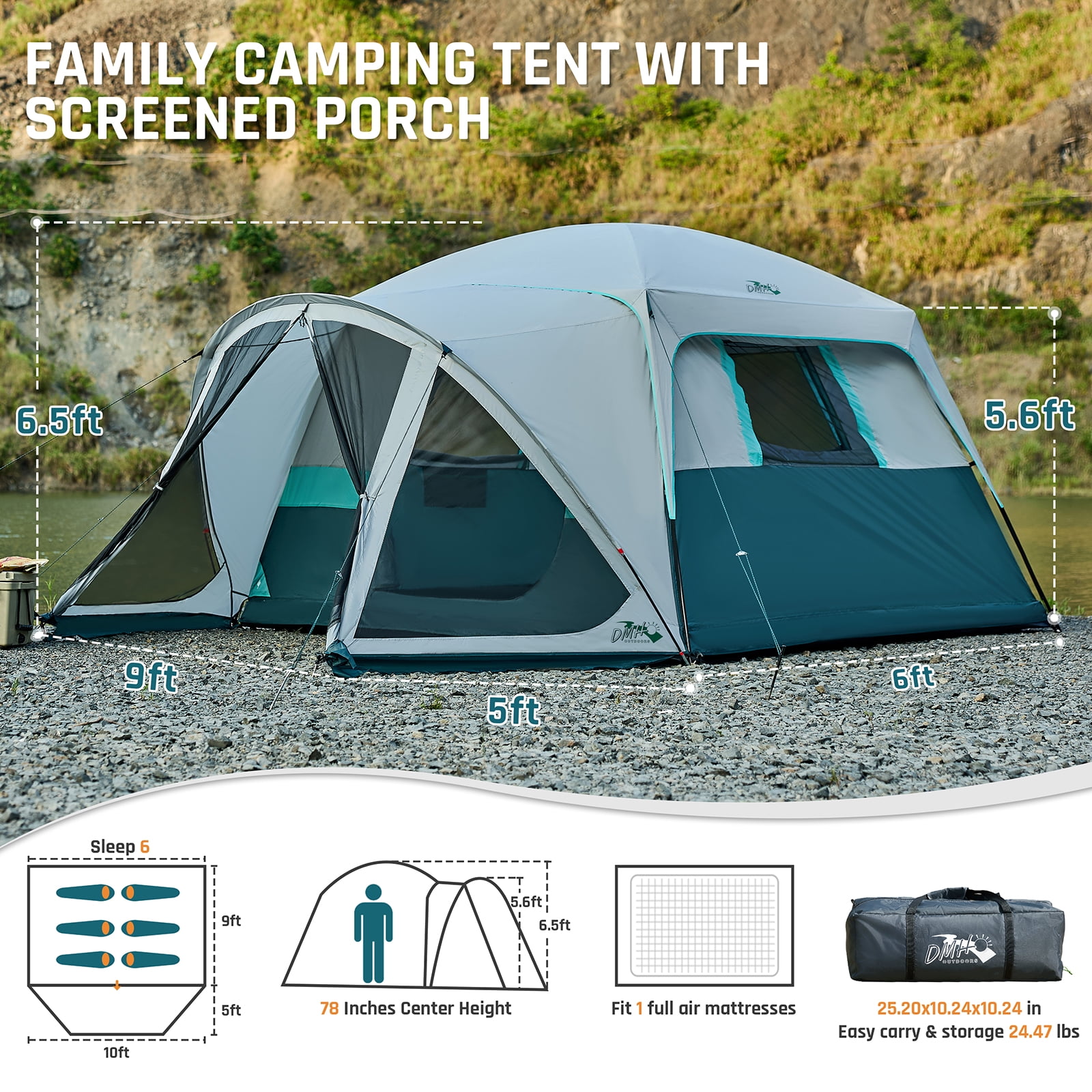 6 Person Family Cabin Tent with Screen Porch, DMH OUTDOORS Camping Tent for Outdoor Camping Backyard Green