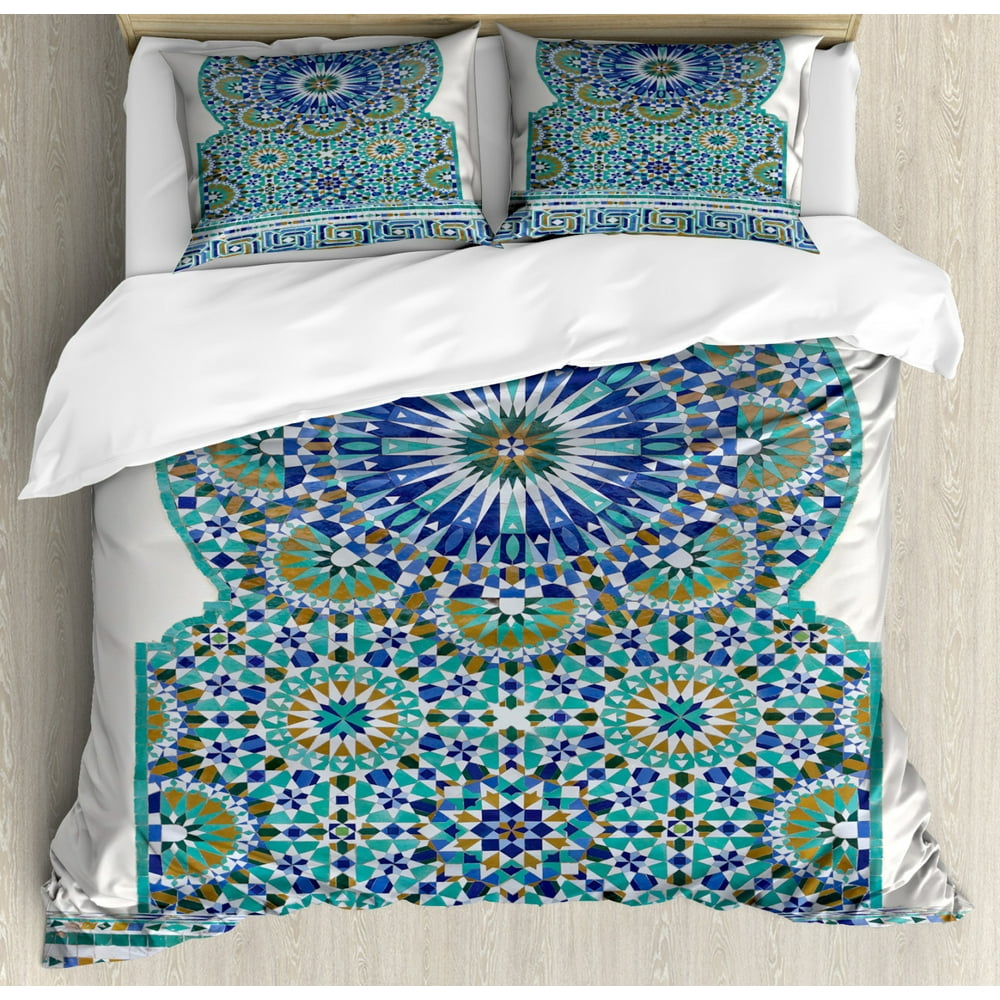 Moroccan Duvet Cover Set, Ceramic Tile Antique East Pattern Heritage