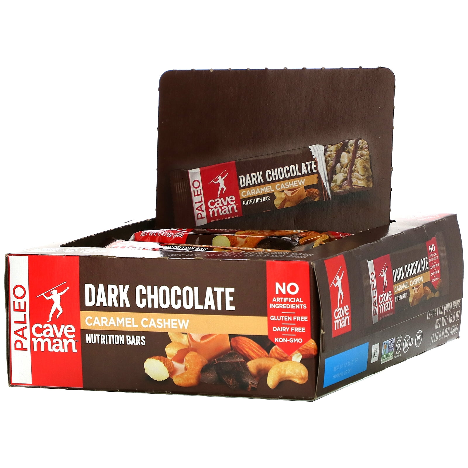 Caveman Foods Nutrition Bars, Dark Chocolate Caramel Cashew, 12 Bars, 1.41 oz (40 g) Each