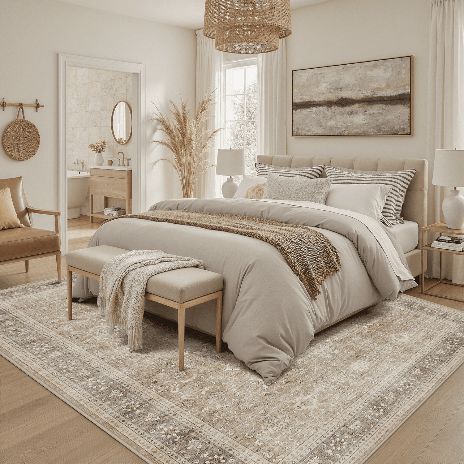 Floral 5x7 Area Rug, Machine Washable, Soft Vintage Floral Rug Non Slip Stain Resistant for Living Room, Bedroom, Dining Room -Beige