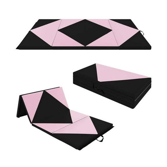 Canddidliike 8 Feet PU Leather Folding Gymnastics Mat with Hook and Loop Fasteners-Black & Pink, Folding Thick Exercise Mat for Tumbling, Martial Arts, Gymnastics, Stretching, Core