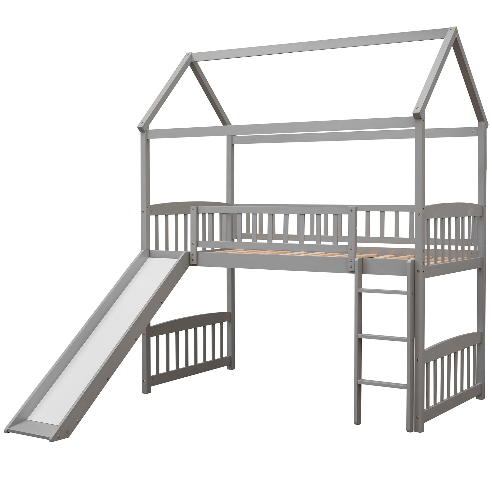 Aukfa Twin Loft Bed with Slide, House Bed with Headboard for Kids Teens Adults - Gray