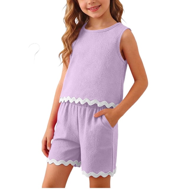 Tank Top Set for Girls, Solid Color Bubble Ruffle Trim Round Neck and Shorts 2-Piece Summer Casual Outfit for Kids