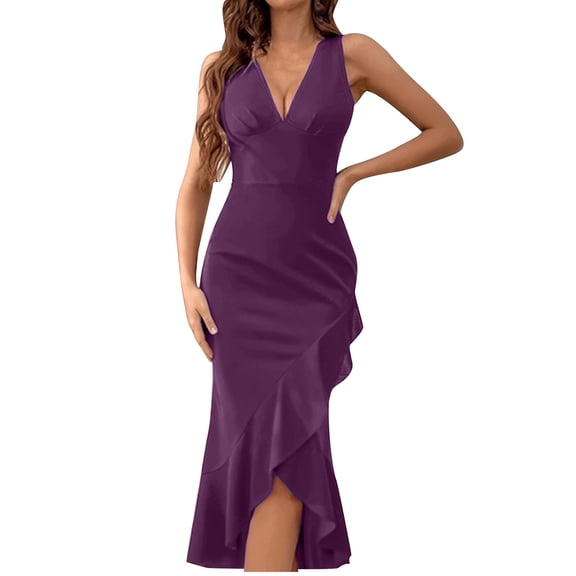 Sexlip Womens V Neck Sleeveless Slim Bodycon Split Midi Dress Stretchy Fascinating Cocktail Party Outfit Purple M
