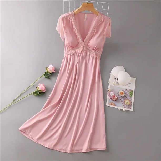 Camisón Sexy de satén para mujer, Vestido largo de dormir de retazos de encaje, lencería íntima, ropa de dormir suelta para el hogar, novedad de verano
