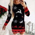thumbnail image 2 of Women Christmas Outfit Women's Festive Holiday Printed Mini Dress with Long Sleeve Round Neck Above Knee Casual Fit Black S, 2 of 6