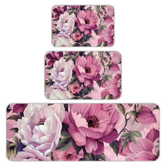 RKSupls Kitchen Rug Set 3 Piece Anti-Slip Flannel Floor Mats, Pink Peony Leaves Washable Absorbent Runner Mats for Kitchen Bathroom Home Decor