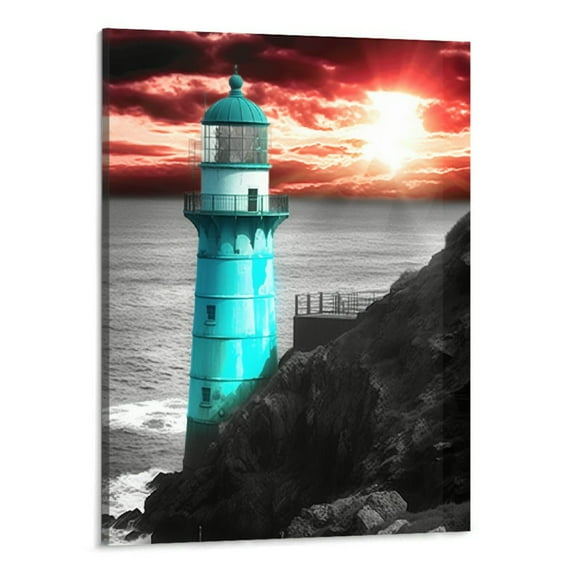 Fenyluxe Teal Canvas Wall Art Summer Ocean Lighthouse Painting Pictures Framed 16x20in, Coastal Beach Tropical Artwork for Bathroom Bedroom Living Room Home Office Wall Decor