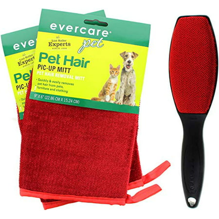 Evercare Pet Hair Remover Glove Pic-Up Mitt (2) and Magic Lint Brush (1) for Pets Clothes Furniture and