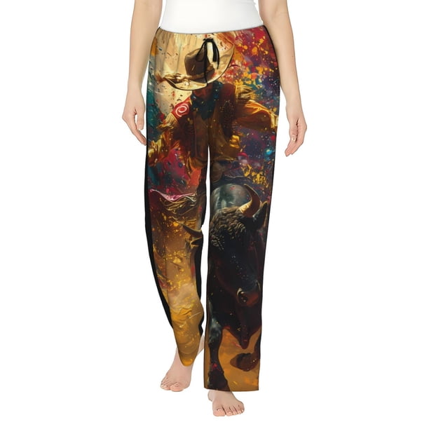 Balery Colorful Bull Western Man Pantalones de pijama para mujer, pijamas ultraligeros, pantalones de estar por casa-Small