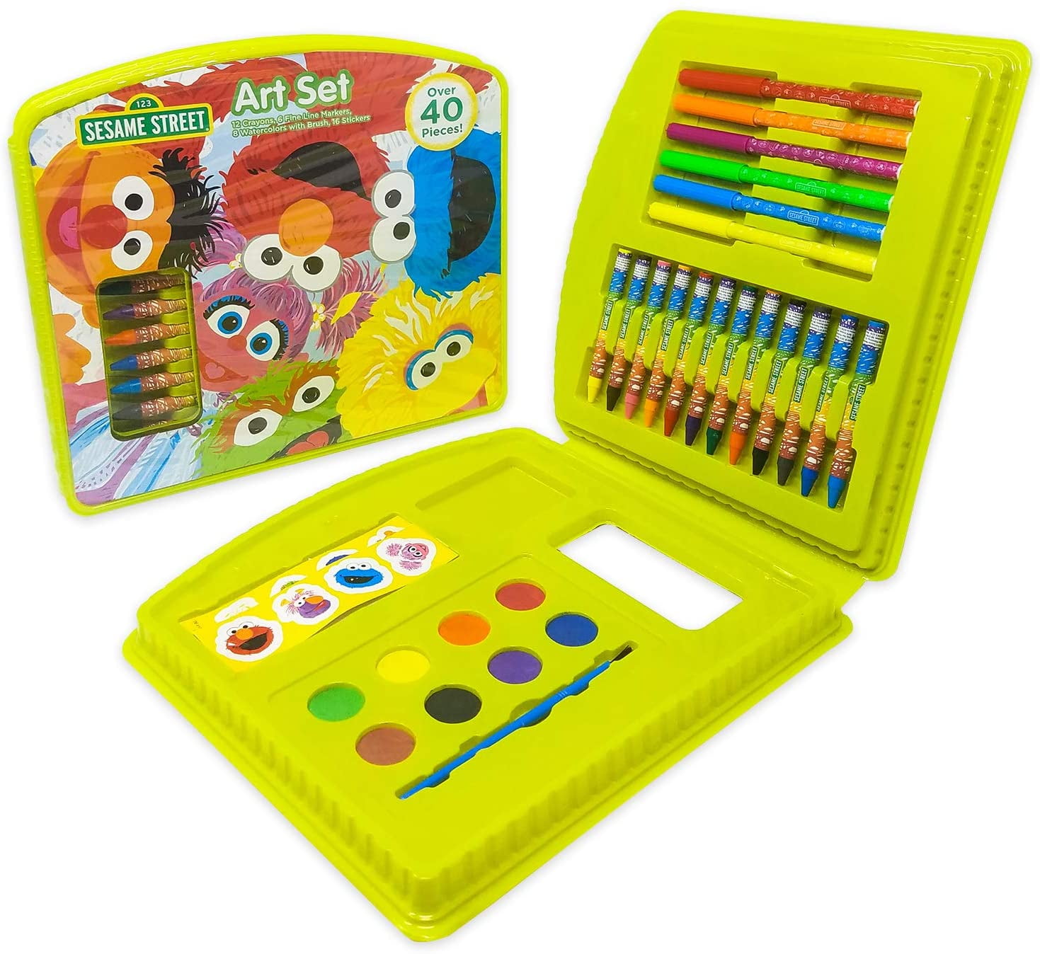 Sesame Street 43-Piece Art Case, Travel Art Set for Children, Includes Markers, Crayons, Stickers, and Watercolors, Gift for Kids, Ages 3+
