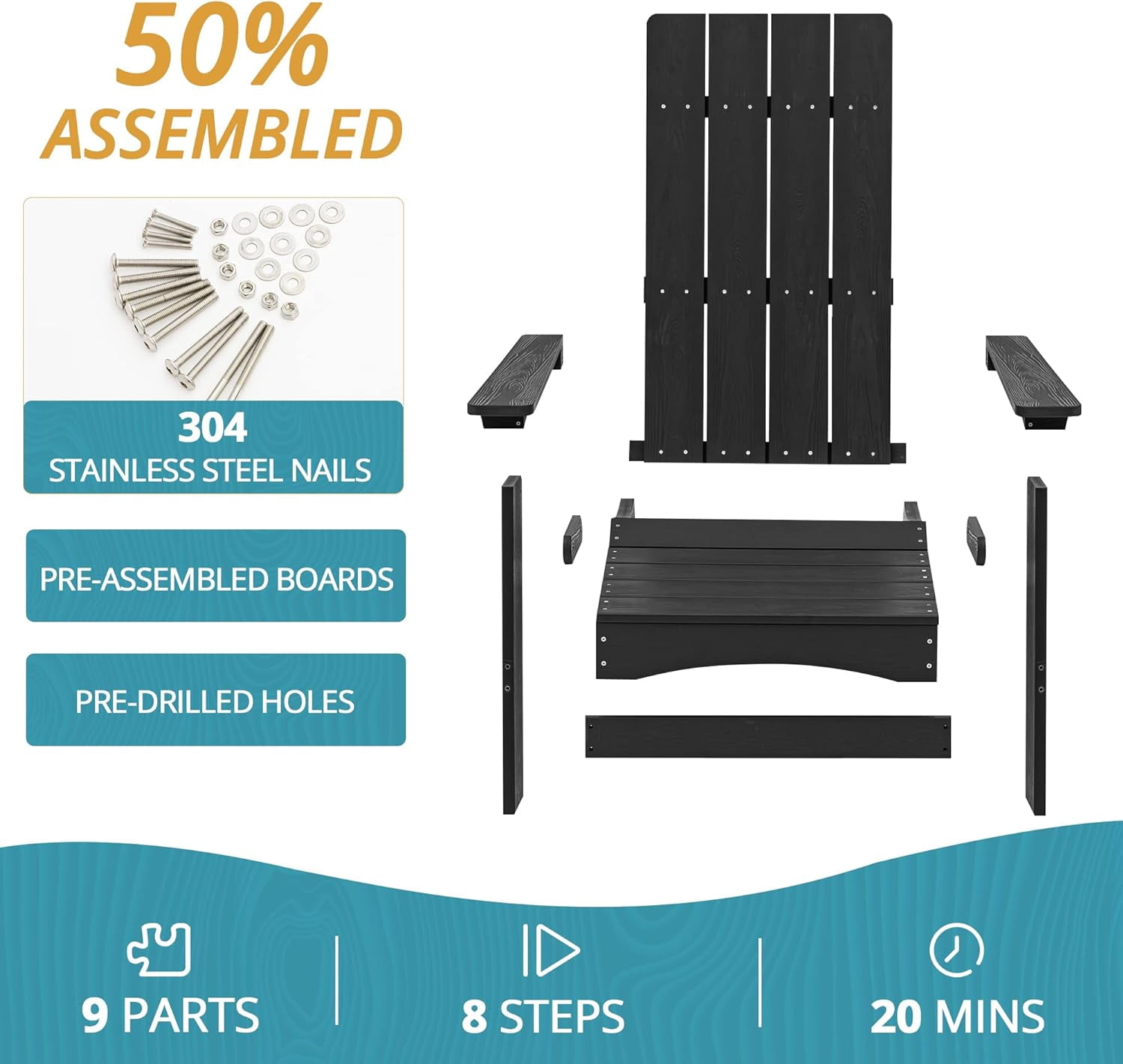 Dycanpo Folding Adirondack Chair, Hdps Poly Modern Outdoor Chair Weather Resistant,300lbs,Black