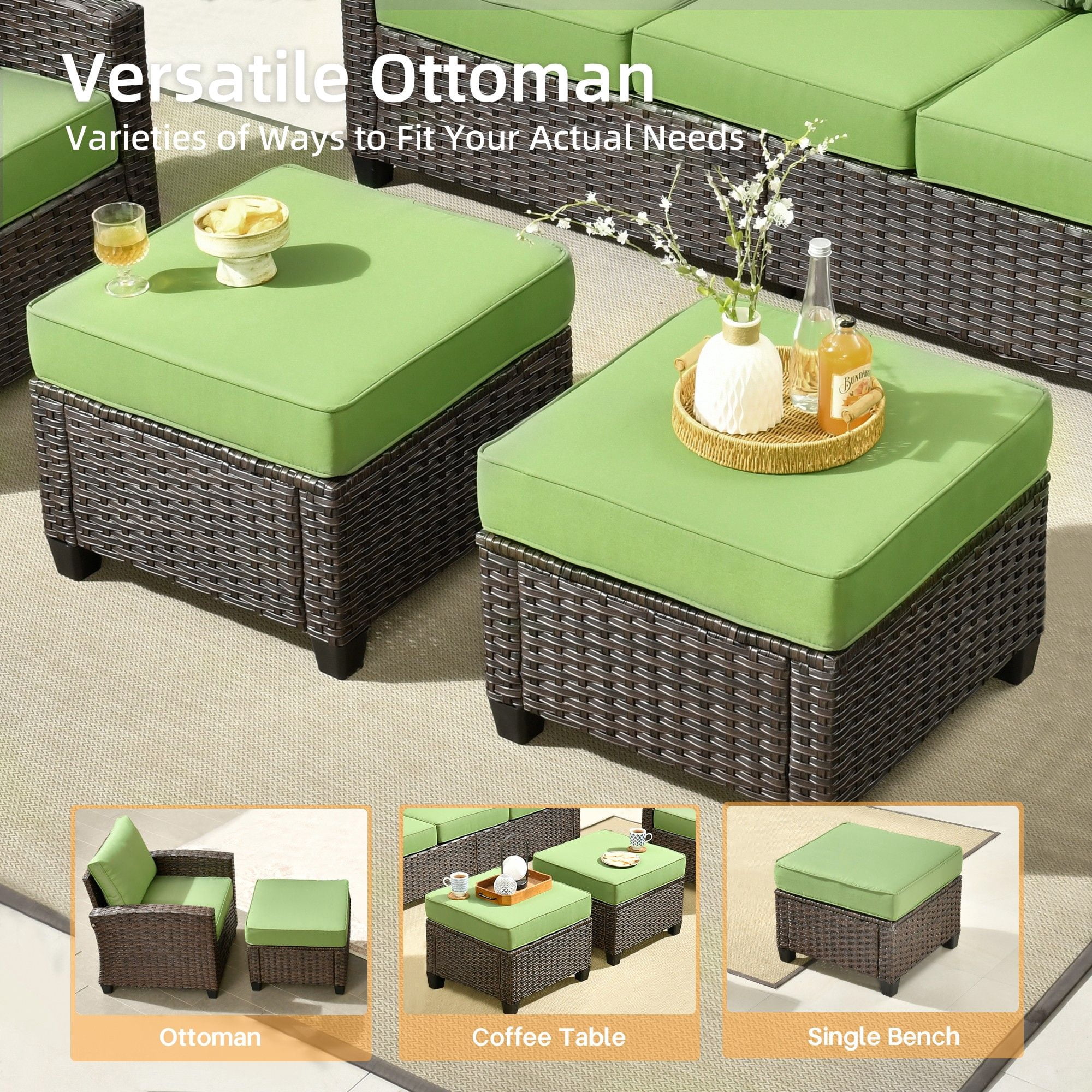 XIZZI 6 Pieces High Back Wicker Patio Furniture Set All Weather Outside Seating Sofa Rattan Outdoor Conversation Set with Cushion Ottoman for Balcony, Green