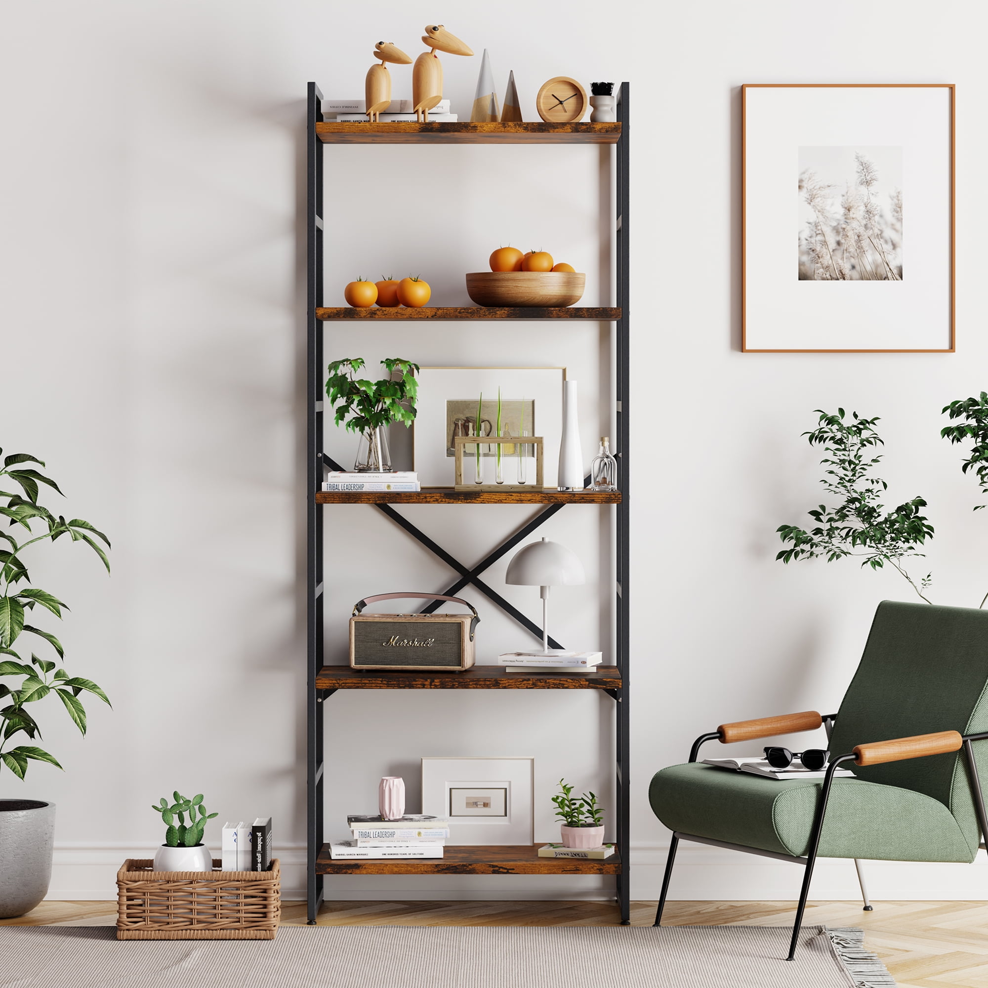 Sobaniilo 5 Tier Bookshelf, Free Standing Bookcase Organizer Farmhouse