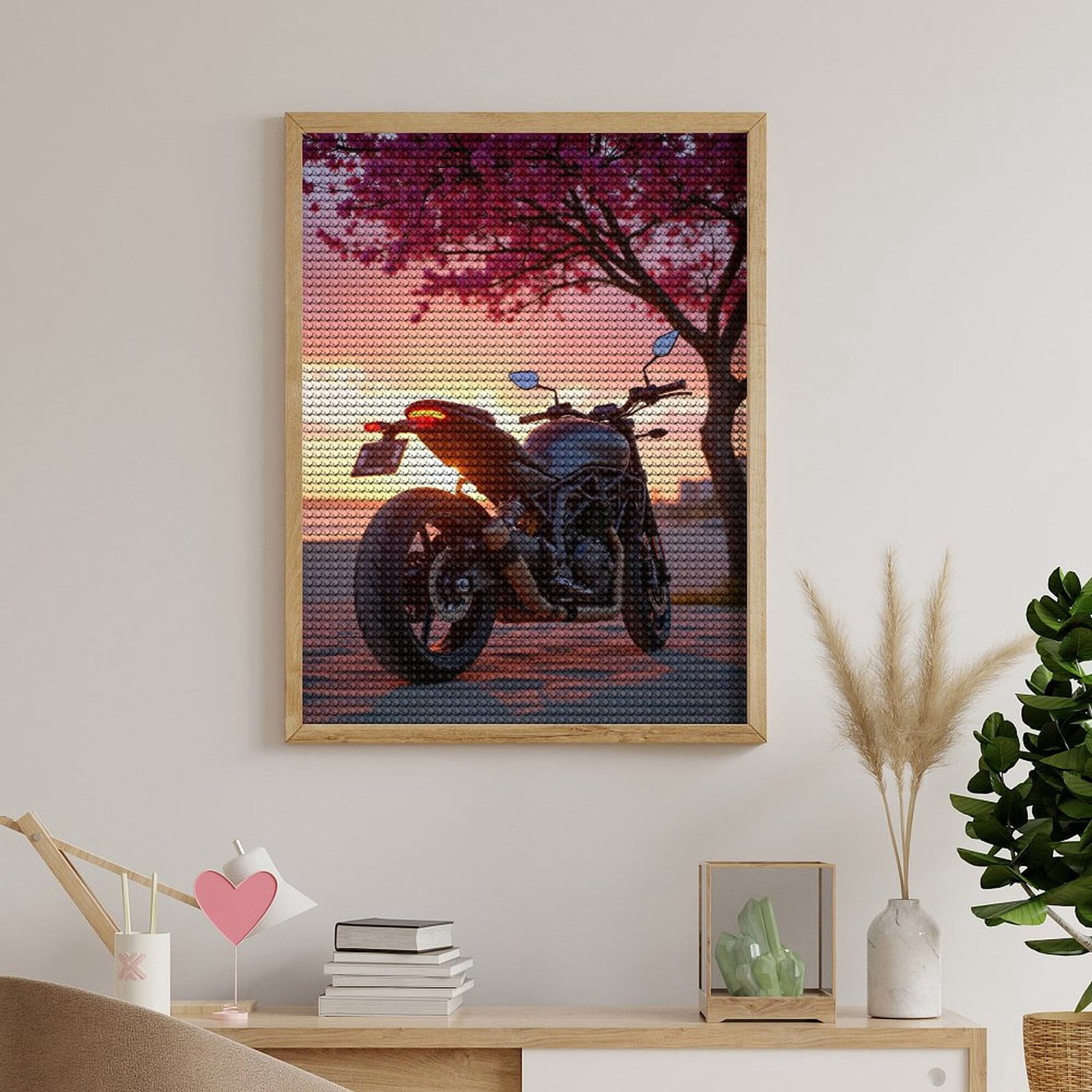 Diamond Art Kits for Adults, Motorcycle Sunset Beach Blossoms 5D Diamond Painting Kits for Adults Beginners, DIY Full Drill Diamond Painting, Gem Art and Crafts 12x16