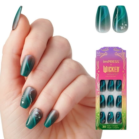imPRESS X WICKED: FOR GOOD Press On Nails, ‘Unleash Your Magic’, Green, Medium Coffin, 30 Fake Nails