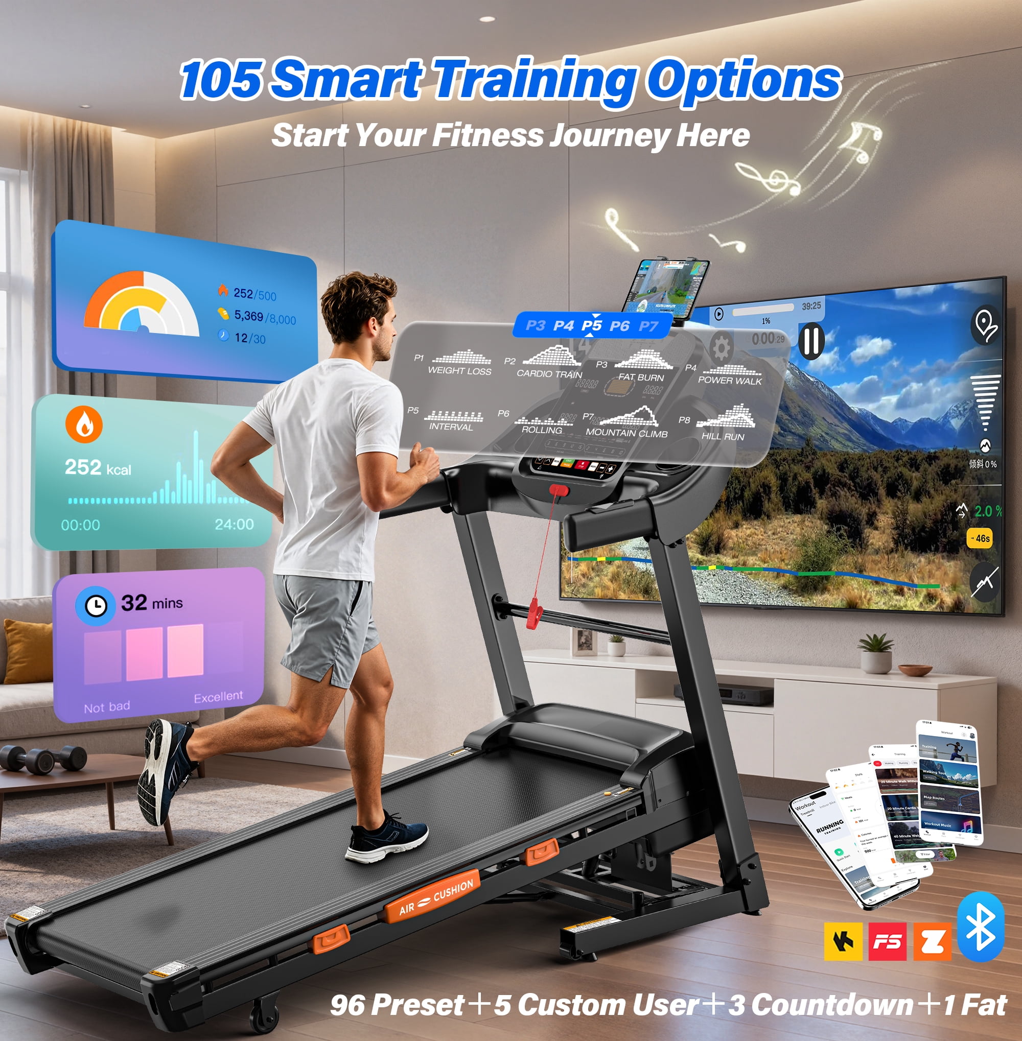 Folding Treadmill with Auto Incline, 5HP Brushless Motor, 0.6–12 MPH Speed Range, 20 Incline Levels, 300 lb Capacity, Bluetooth App Control, One-Touch Folding Design, 90% Pre-Assembled
