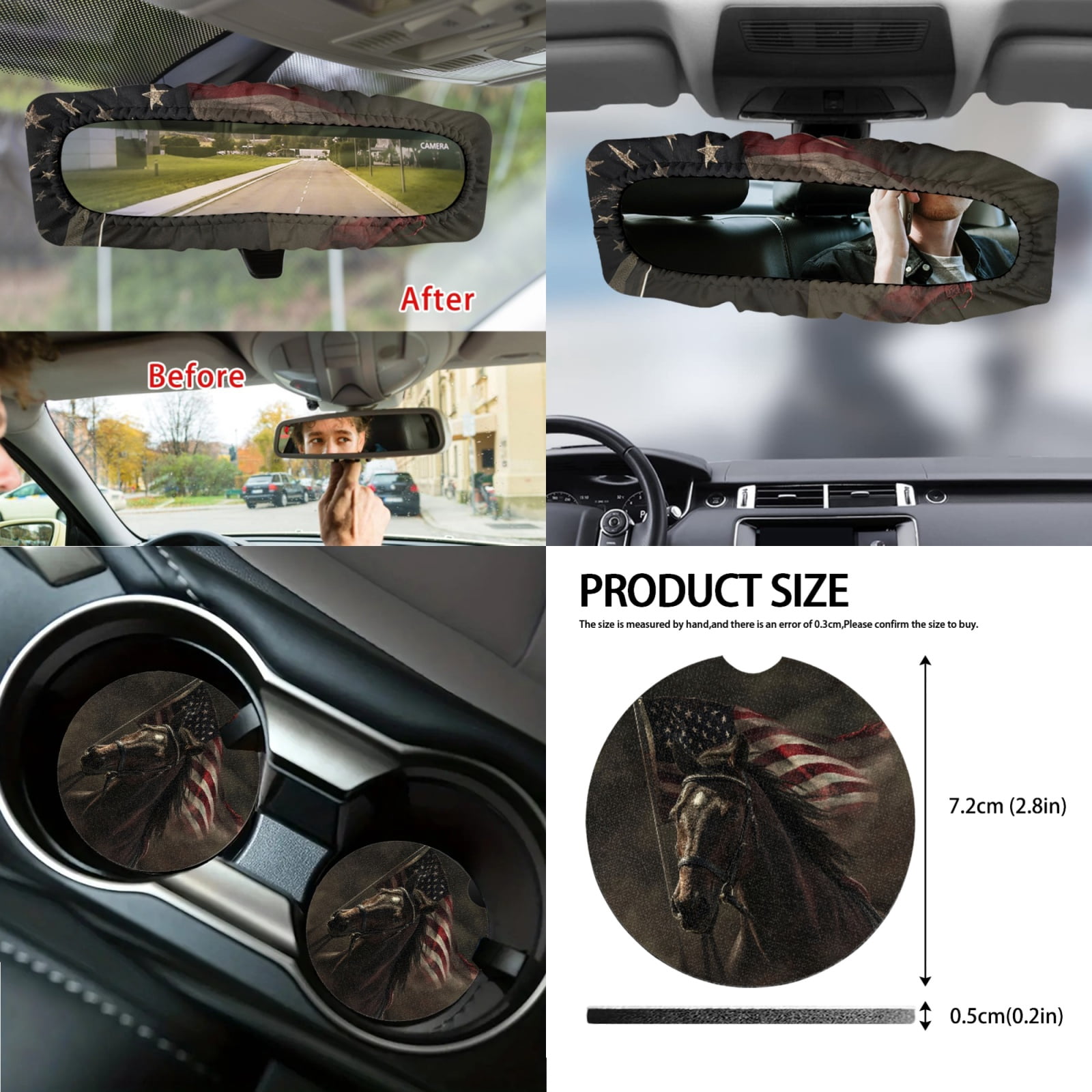 Jeiento Horse Car Seat Cover Full Set of 14 Car Seat Protector Auto Steering Wheel Cover Seatbelt Pads Armrest Cushion American Flag Trash Can Rearview Mirror Cover Handbrake Cover Set Coasters