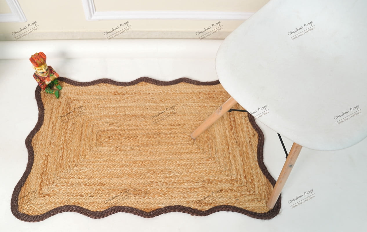 Hand Braided Beige Color Natural Jute Rug Scalloped Area Rug Rectangle Rug