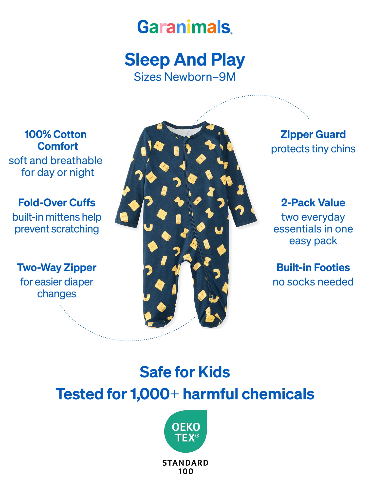 Garanimals Newborn & Baby 100% Cotton Footed Sleep & Play, Sizes Newborn–9M, 2-Pack