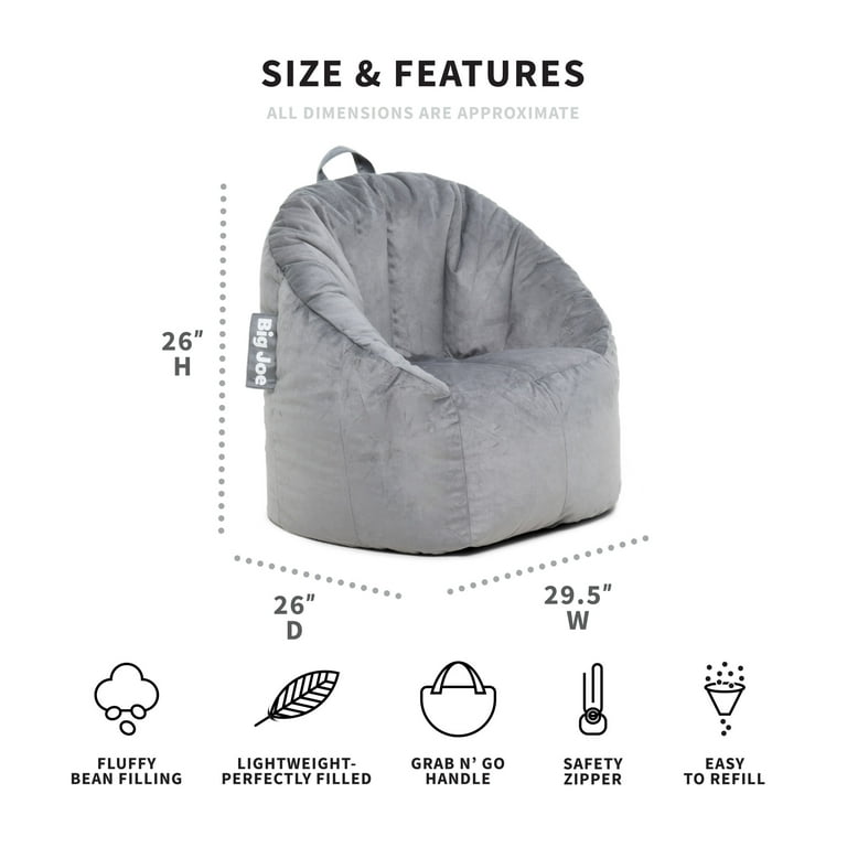 Big Joe Joey Bean Bag Chair, Gray Plush Fabric